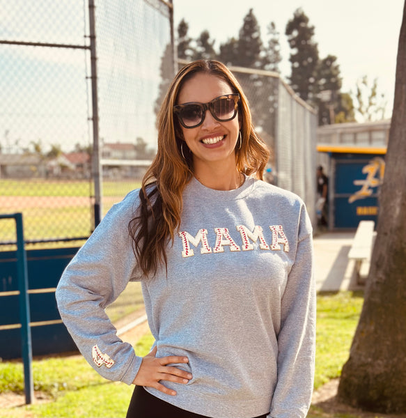 Mama Baseball Chenille Patch Gray Crewneck | Baseball Mom Sweatshirt | Baseball Season Sweatshirt