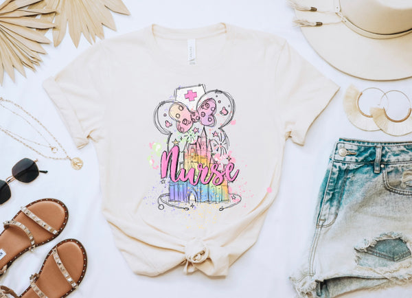 Nurse Disney Watercolor Castle Shirt | Minnie Watercolor Castle shirt